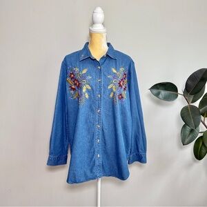 Bobbi Brooks Vintage Denim Long Sleeve Embroidered Floral Shirt